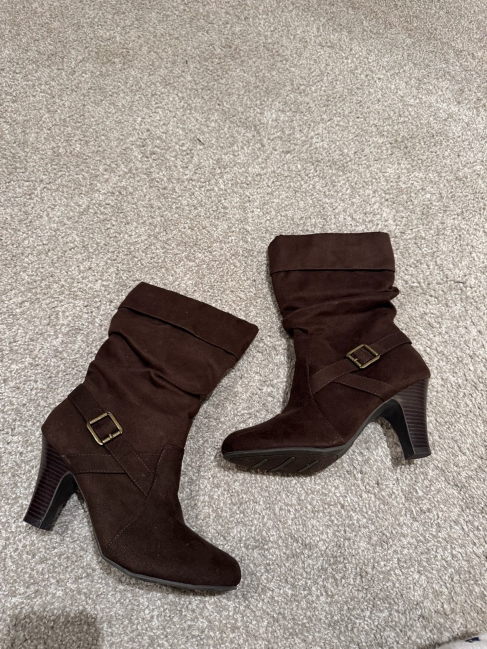 Women's Brown Faux Suede Mid-Calf Heeled Boots